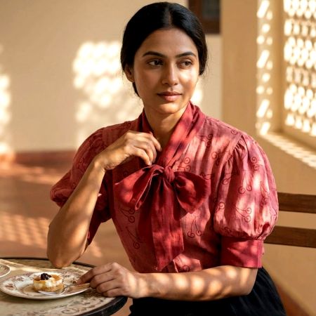 Handcrafted Cherry Knot Top with Puff Sleeves Cotton